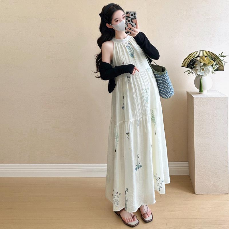 2026 Summer Korean Style Embroidered Maternity Camisole Dress & Sun Protection Cardigan Set M