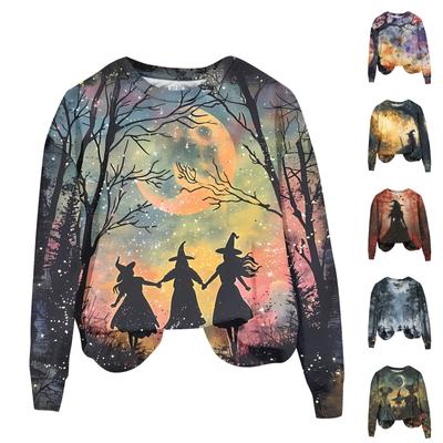 Ladies Fashion Casual Long Sleeve Halloween Printed Round Neck Hoodie Top