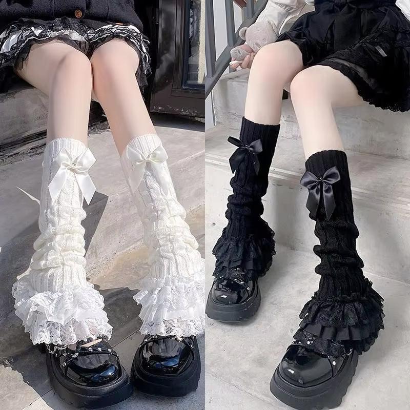 Lace Japanese Harajuku Leg Warmers Y2k Spicy Girl Over Knee Pile Socks Bow Tiered Ruffled Socks Lolita Leg Horn Women Warmers