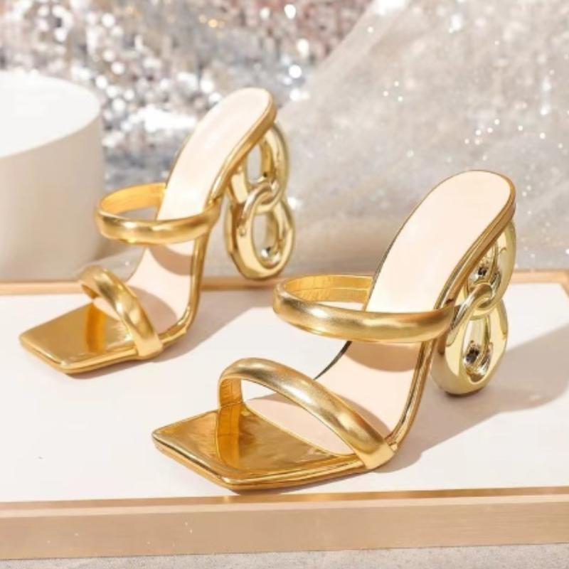 Móda Dámské Vysoké Podpatky Čtvercová Špička Vysoké Podpatky Stříbrné Luxusní Designové Sandály Personalizované Podpatky Boční Výřez Volnočasové Sandalias De Mujer