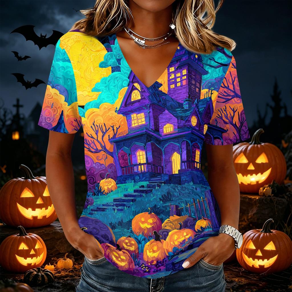 Womens Casual Short Sleeve Pullover Top V Neck Halloween Pumpkin Print Shirt Lightweight Comfortable Fit