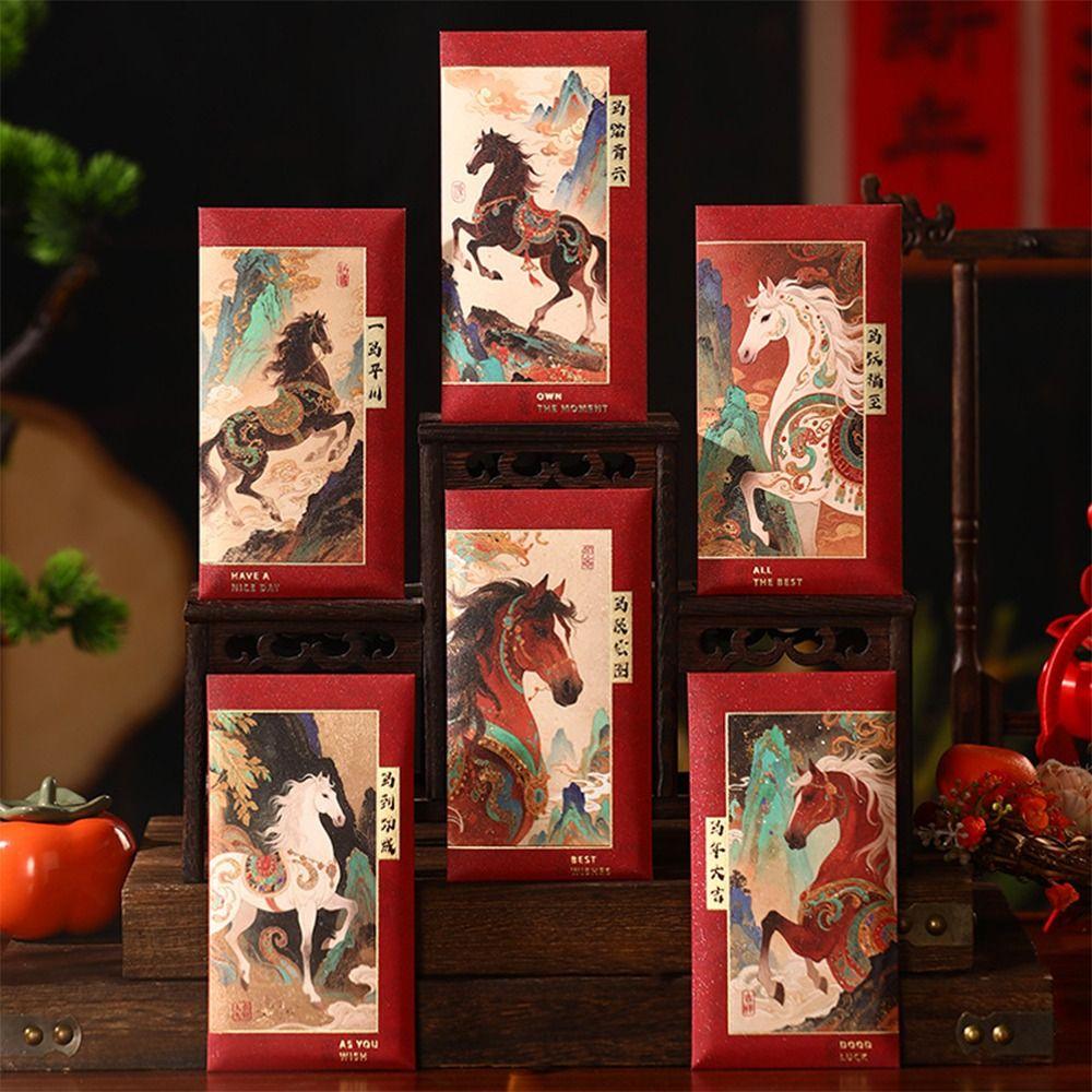 6pcs Mixed Pattern Lucky Red Pockets Traditional Horse Year Red Envelope  Birthday Gift