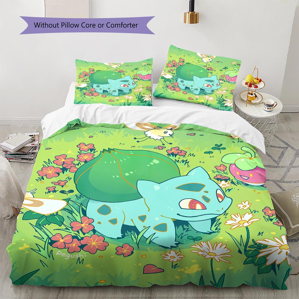 Pokémon Bulbasaur Vzor Povlečení Domácí Dekorace Narozeninový Dárek (1 * povlak na peřinu + 2 * povlak na polštář, bez jádra)