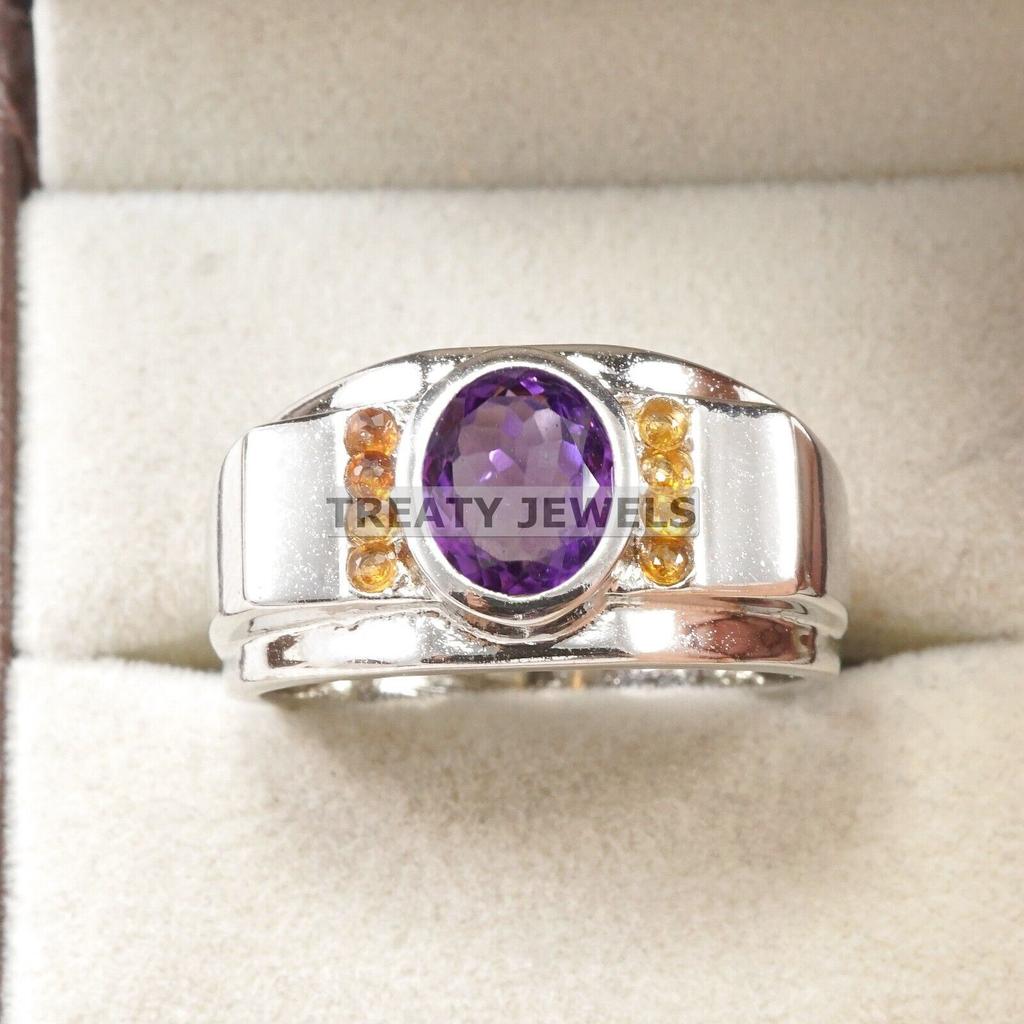 Amethyst Oval Cut Gemstone With 925 Sterling Silver Ring For Men's #A706 JL375658937932