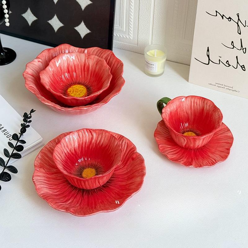 Flower Porcelain Plate Red Flowers Tableware Dining Plate Ceramic Bowl Coffee Cup Mug Household Tableware Set Table Kitchen Tool