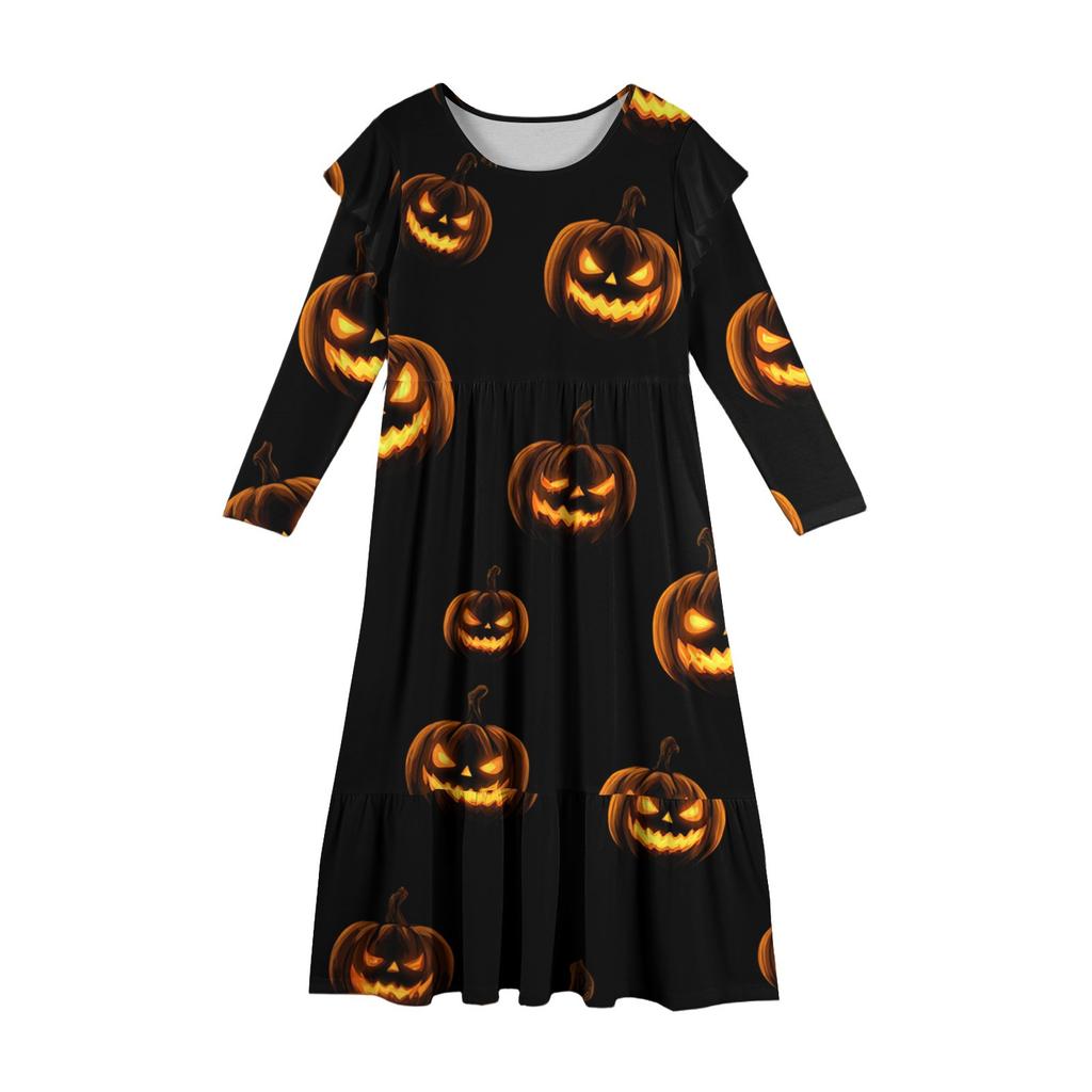 Robe à volants étagés pour filles Jour d'Halloween - Maxi imprimée à manches longues avec poches
