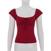 Women Red Square Neck Lace Trim Bow Detail Short Sleeve Slim Fit Casual Blouse
