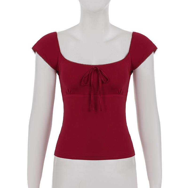 Women Red Square Neck Lace Trim Bow Detail Short Sleeve Slim Fit Casual Blouse