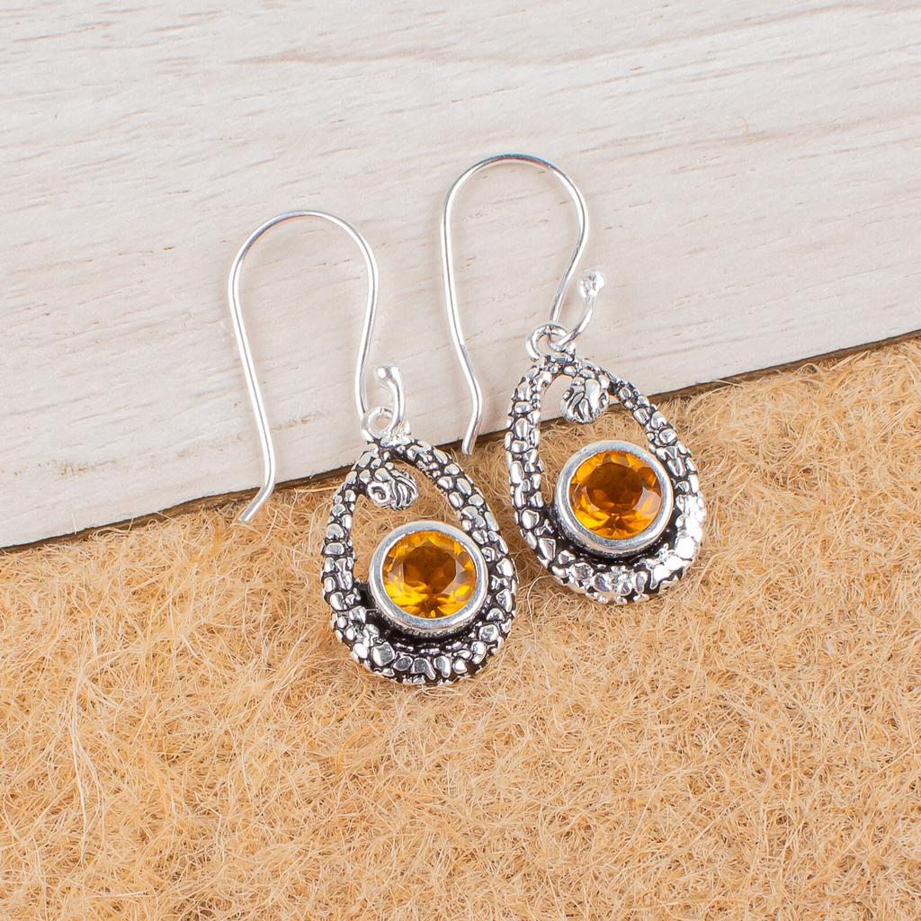 Natural Citrine Gemstone 925 Sterling Silver Jewelry Drop/Dangle Earrings 1.38" CE-3-9
