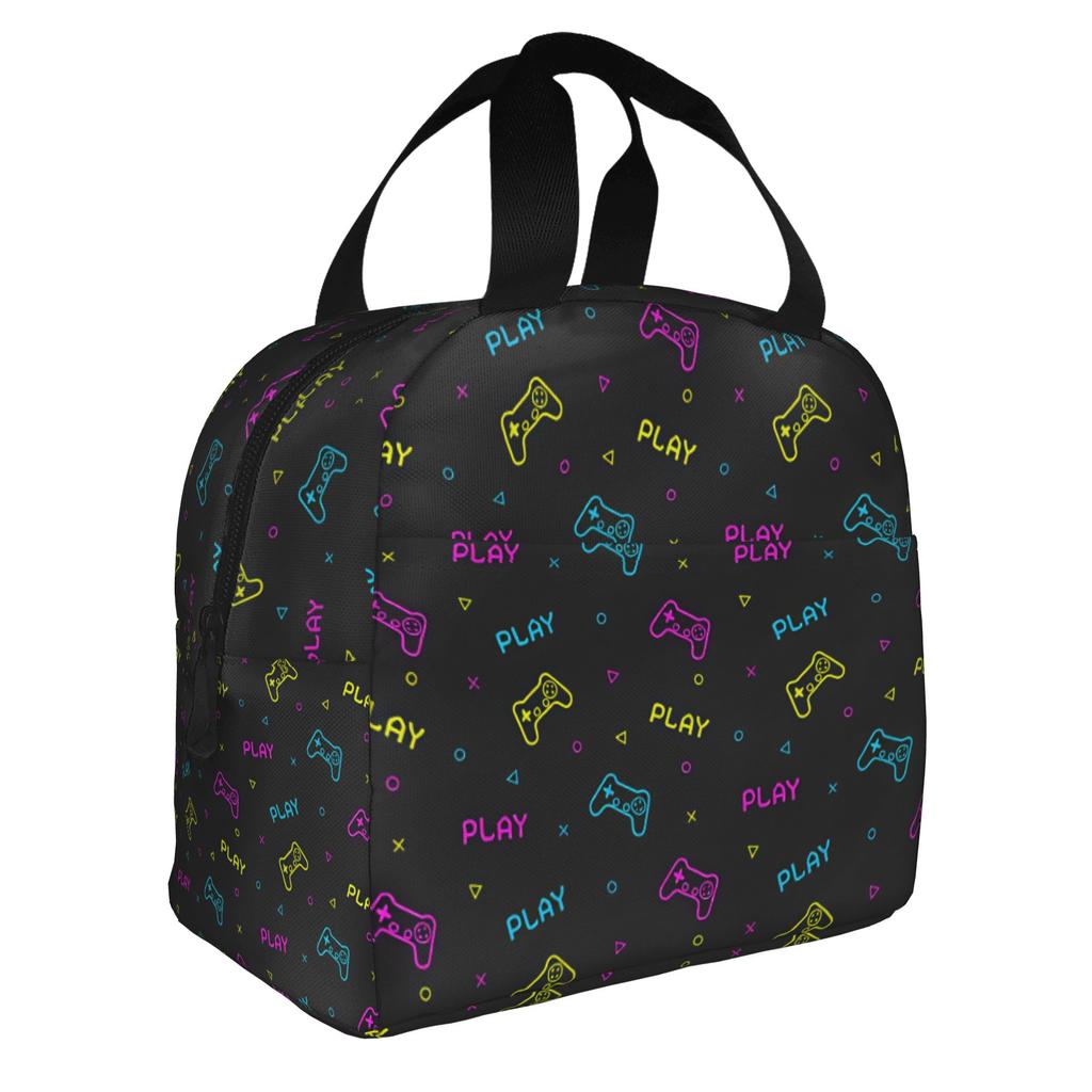 Featuring Neon Game Joystick Controllers Lunch Bag Women Geometric Thermal Cooler Insulated Lunch Boxes for Adult Office