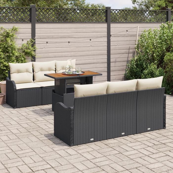 Ensemble de 7 Pièces de Canapé de Jardin avec Coussins Noir Osier Poly, Canapé de Jardin 2 Places avec Rangement et Coussins 3358140