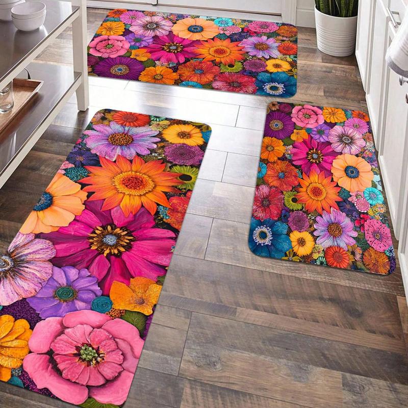 1pc Vibrant Floral Flannel Kitchen Floor Mat Machine Washable for Entrance Kitchen Living Room Laundry Bathroom Home Decor