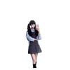 Elegant Korean Style Polka Dot Slimming Dress with Lace-Up Long Sleeves, Black
