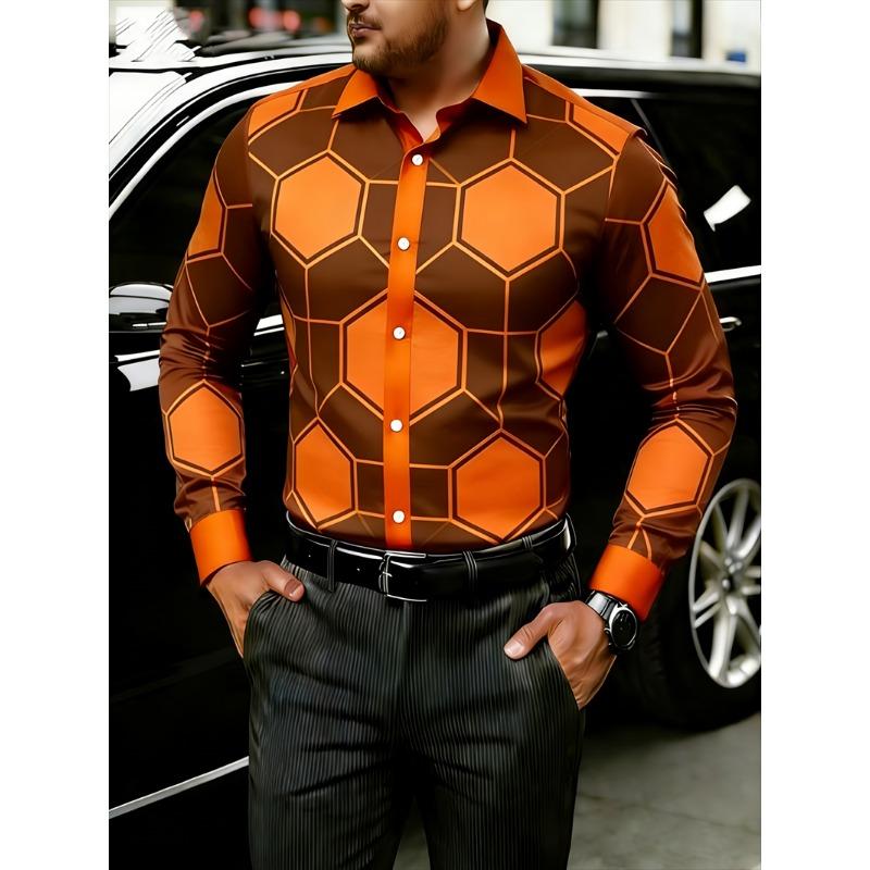 New 11 Color Men's Long Sleeved Shirt with Gold 3D Printing, Fashionable Color Block Pattern, Luxurious Shirt Style