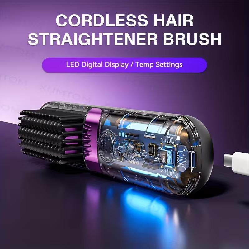 Wireless 2-in-1 Straightening Curling Comb Anti-Scald LED Display USB Rechargeable Portable for Home Travel All Hair Types