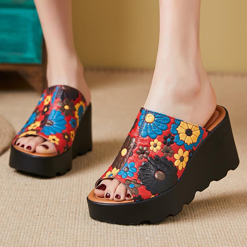 Mode GKTINOO Echtes Leder Blumen Damen Mode Hausschuhe Sandalen 2025 Neu Sommer Dicke Sohle Hoher Absatz Silppers Outdoor Sandalen