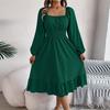 Women's Fashion Retro Solid Color Long Sleeve Waist A-Line Skirt Square Neck Pullover Dress