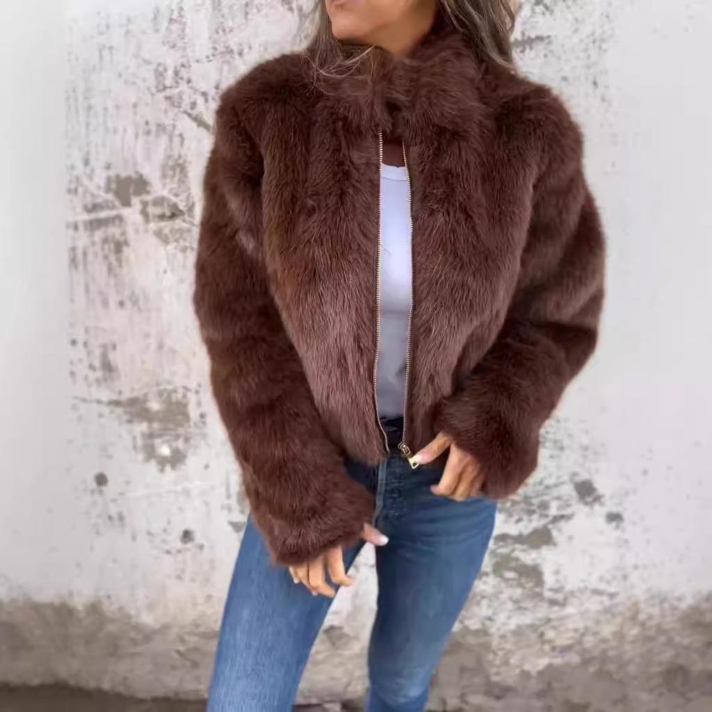 Women's High Neck Long Sleeve Faux Fur Jacket Loose Casual Streetwear Zip Up Coat