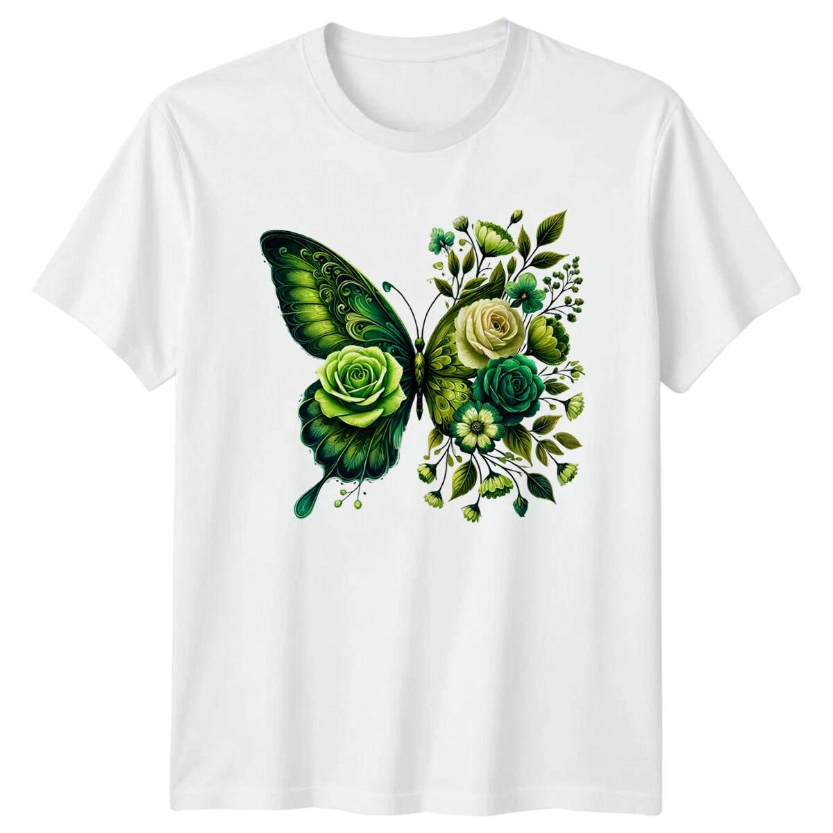 Floral Butterfly Wings Green Roses Nature Lover Graphic T-Shirt XL