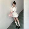 Women's Spring Arrival: Navy Collar White Pleated Dress with Beaded Long Sleeves and Bud Skirt