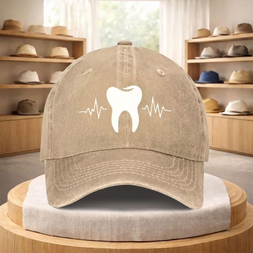 Dental ECG Heartbeat Tooth Graphic Washed Baseball Cap Adjustable Cotton Outdoor Sports Hat