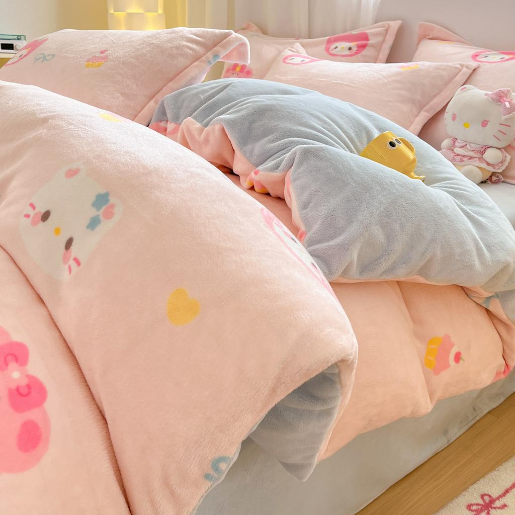 Verdicktes Milchfleece Vierteiliges Set Mädchenherz Korallenfleece Bettlaken Bettbezug Bettwäsche Fleece Bettbezug