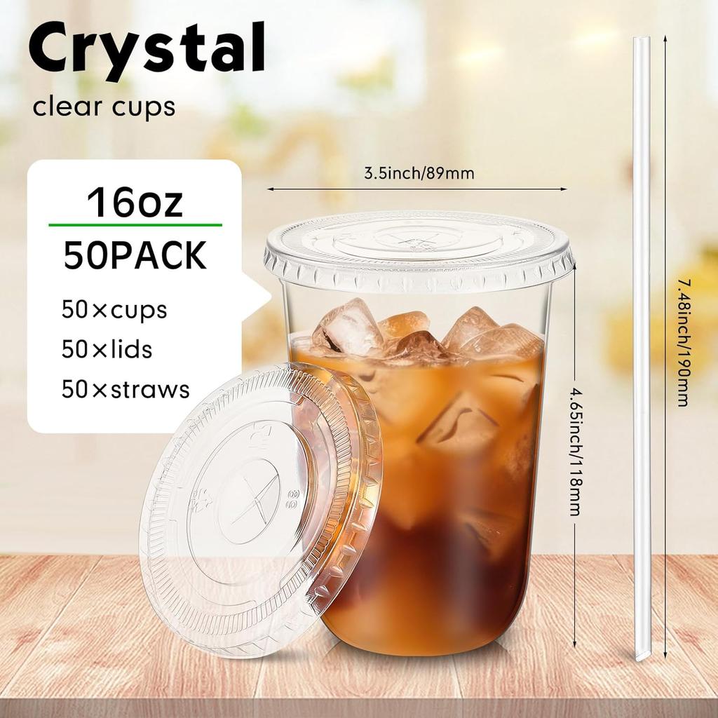50 Sets Clear Plastic Cups with Lids and Straws, Disposable Iced Coffee Cups Clear Drinking Cups for Cold Drinks, Juice, Smoothie, Clear PET Cup for
