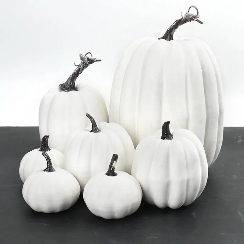 7Pcs Artificial Pumpkin Decor Set White Yellow Faux Pumpkins for Fall Harvest Halloween Home Table Decoration