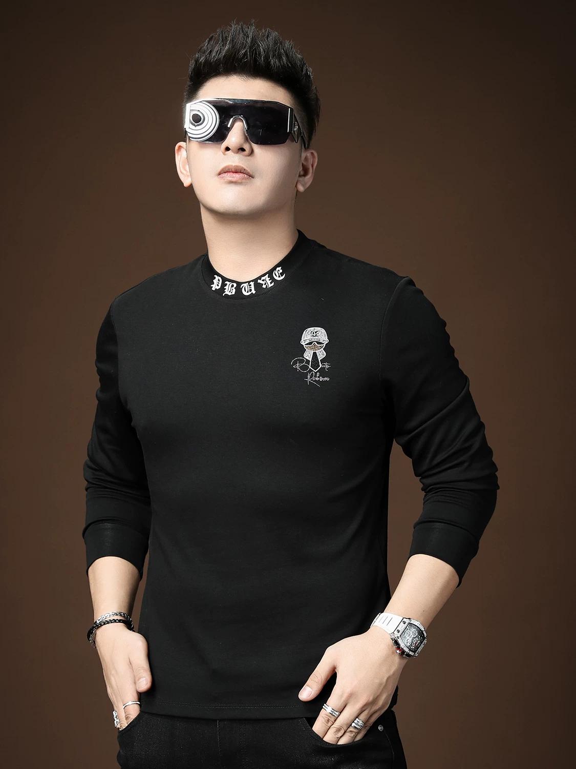 European Long-Sleeve T-Shirt for Men, 2025 Autumn New Fashion Brand, Semi-High Collar, Slim Fit, Rhinestone Embellished Base Shirt, Men s T-Shirt 2XL чёрный