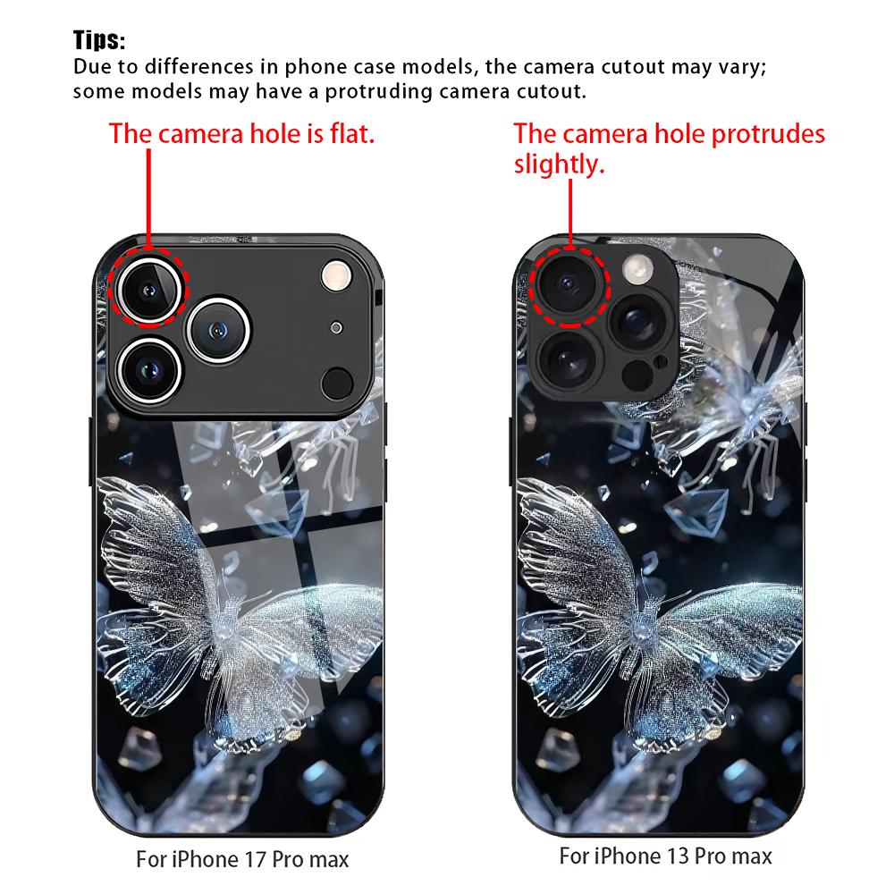 Diamant-Schmetterlingsmuster gehärtetes Glas Handyhülle geeignet für iPhone 17 16 15 14 13 12 11 Pro/Max/Plus Sturzfestes Rückcover