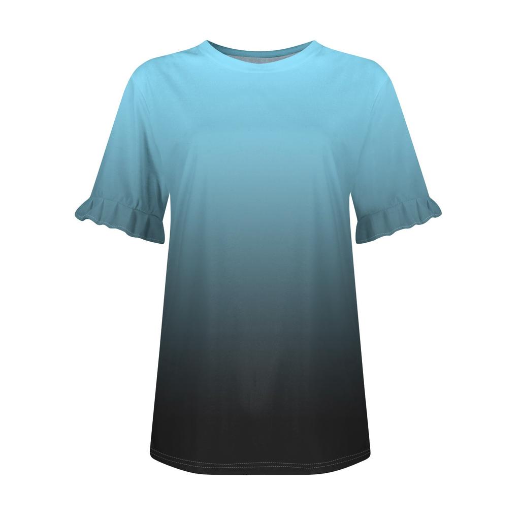 Ladies Summer Print Short Sleeve Ruffle Round Neck T-Shirt