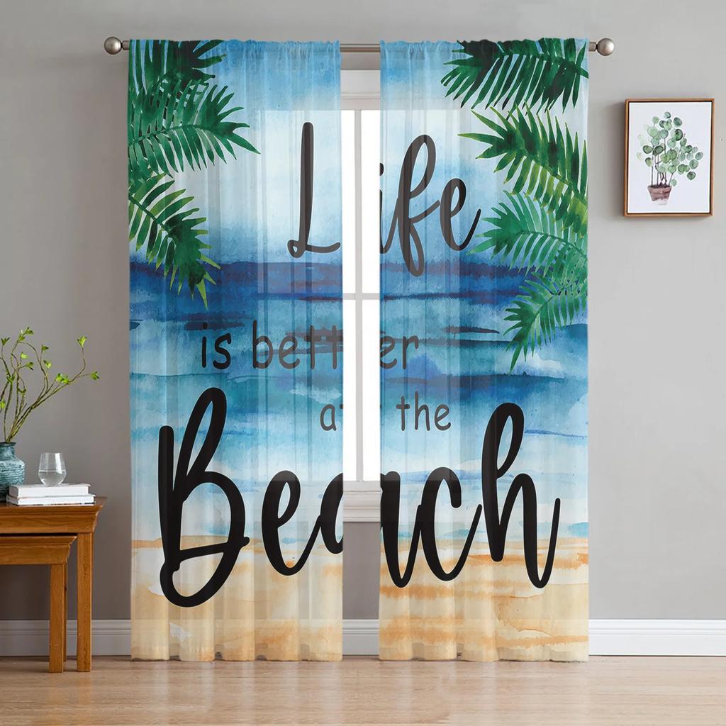 Beach Starfish Shells Leaves Palm Curtains Living Room Bedroom Decor Chiffon Tulle Voile Kitchen Window Curtain Sheer Made Of Polyester Treatment