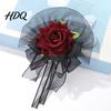 Handmade Faux Silk Floral Bracelet Black Burgundy Rose Tulle Mesh Corsage for Bridal Groom, Gothic Formal Suit Dress Decor Artificial Flower