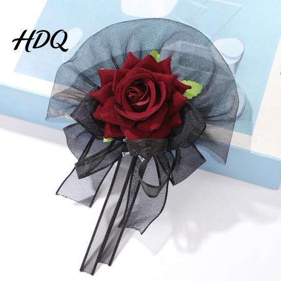 Handmade Faux Silk Floral Bracelet Black Burgundy Rose Tulle Mesh Corsage for Bridal Groom, Gothic Formal Suit Dress Decor Artificial Flower