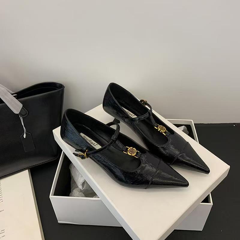 Premium sense pointed single shoes women's thin heels 2025 French temperament camellia shallow mouth evening Mary Jane high heels