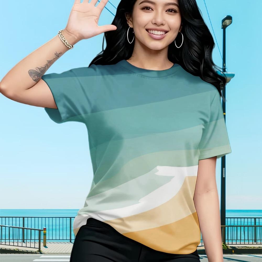 

Women s gradient T-shirt, green and beige with wavy design, suitable for casual travel floral T-shirt 5XL
