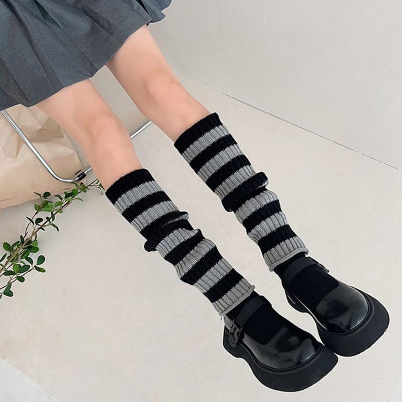 Winter Autumn Ribbed Knitted Leg Warmers Student Contrast Color Striped Foot Covers Middle Tube Calf Socks for Women