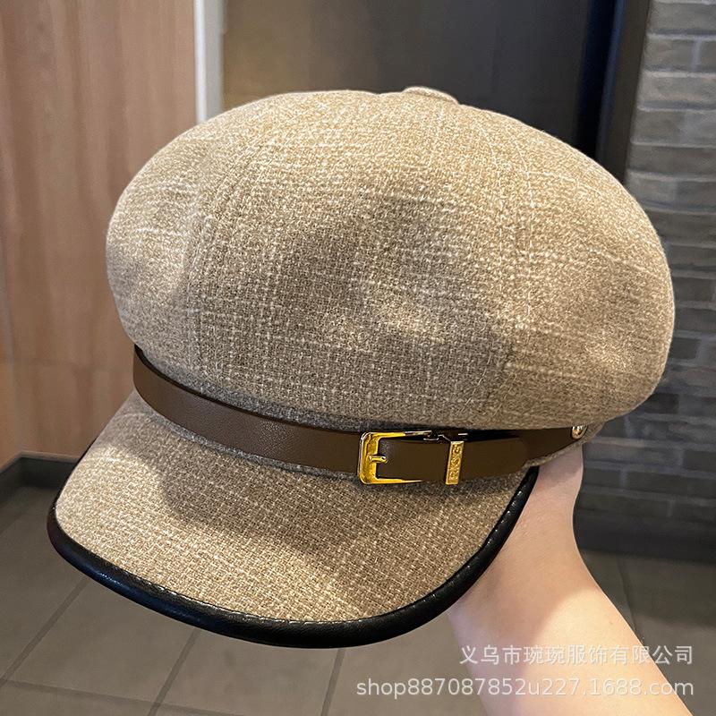 Japanese new belt octagonal hat children's autumn and winter big head circumference British retro versatile face newsboy hat