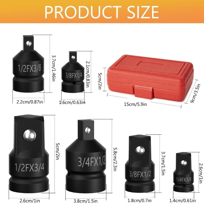 6 Piece Impact Socket Adapter Reducer Set Impact Driver Wrench 1/4" 3/8" 1/2" 3/4" Sqaure Drives Socket Adaptor Tool