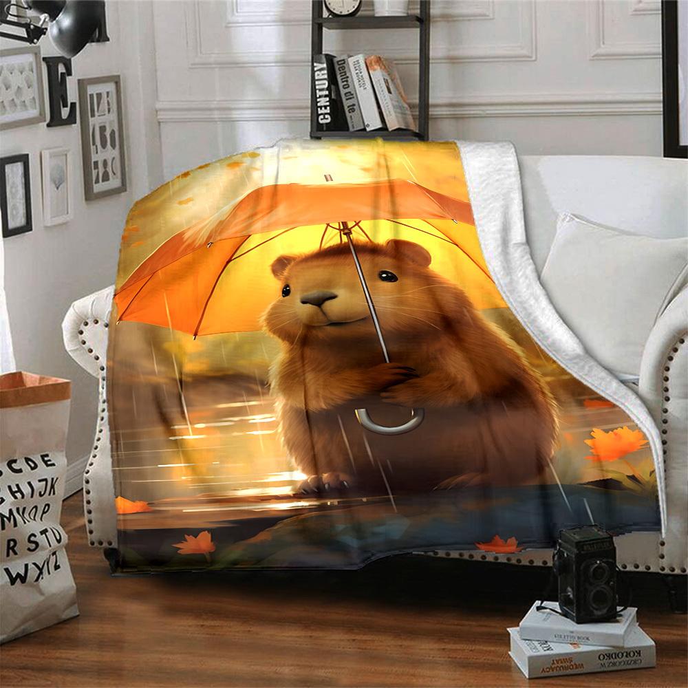 1pc Autumn Rain, Capybara Blanket, Lightweight Flannel Fleece with Digital Printing, Soft Warm for Sofa, Travel, Camping, Office, Couch, Chair, and Be