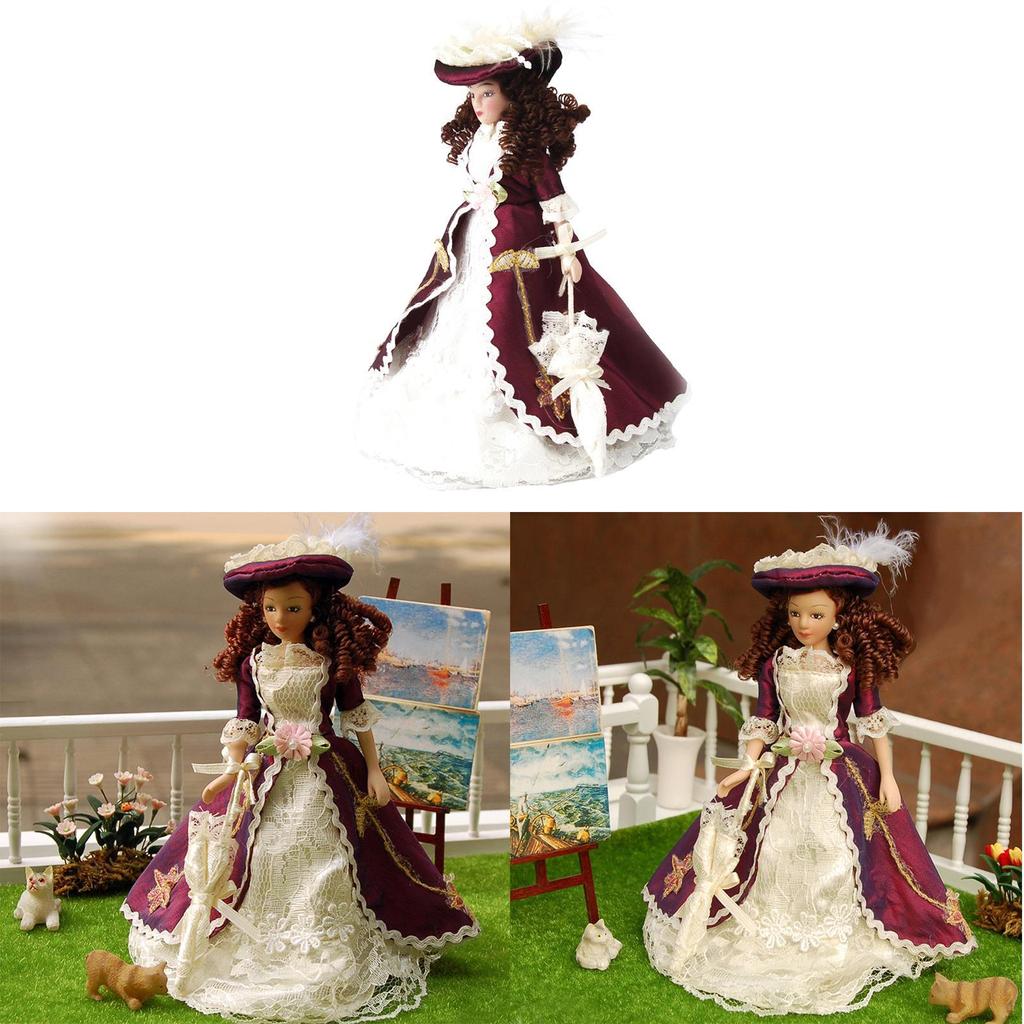 1/12 Dollhouse Miniature Porcelain Dolls Classical Lady with Hat 1 Piece