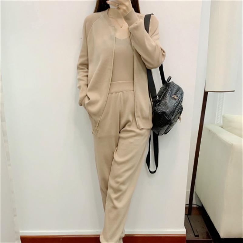 Herbst Winter Neuer Strickanzug Damenmode Lässiger Cardigan Weste Hose Dreiteiliges Set