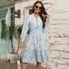 Autumn Winter Women Long Sleeve Print Elegant V-neck Casual A-Line Knee-Length High Waist Dress