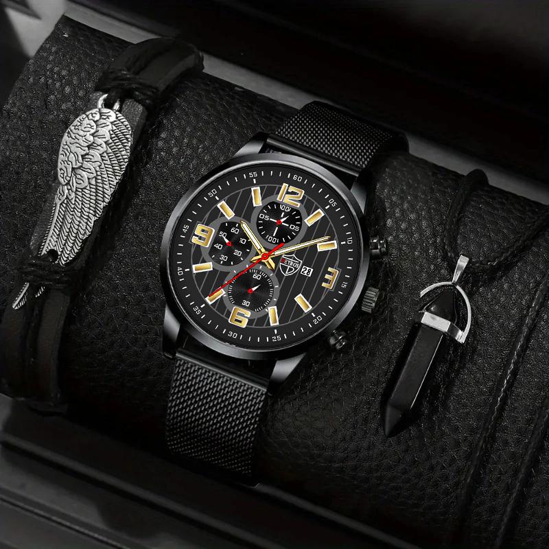 

3 шт./набор, 1 шт. мужские роскошные деловые кварцевые часы с круглым ремешком и указателем, 1 шт. браслет, 1 шт. ожерелье с