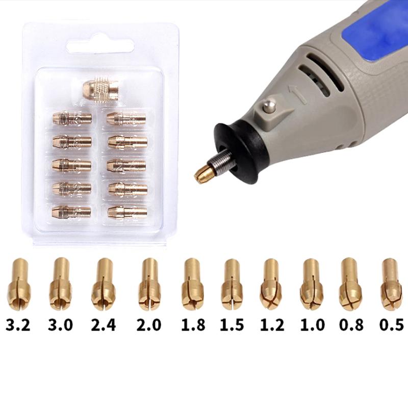 11 ks/sada Mini vrták Mosazná kleština Upínací pouzdro Pro Dremel Rotační Nástroj 0,5-3,2 mm Mosaz a Matice Pro Dremel Sada Příslušenství