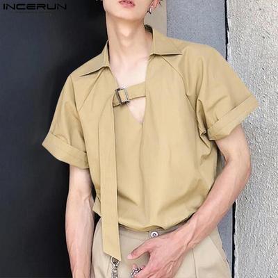 Sommer Herren Kurzarm Metall Schnalle Hals Einfarbig Lässig T-Shirts