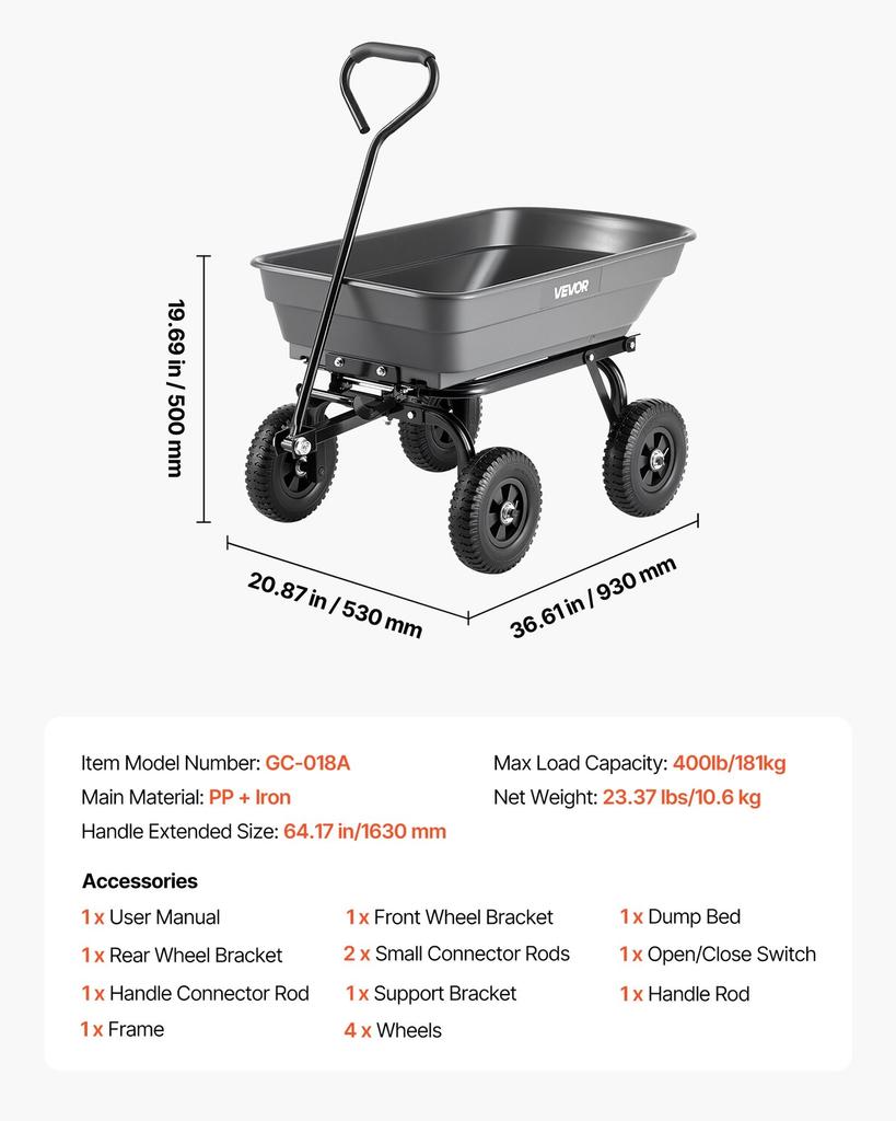 Garden Dump Cart, 181 kg Poly Dump Cart, Garden Carts Dumps Wagon with 90° Quick-Dumps Mechanism, 180° Swivel Wheels, 270° Flexible Rotating Bearings,