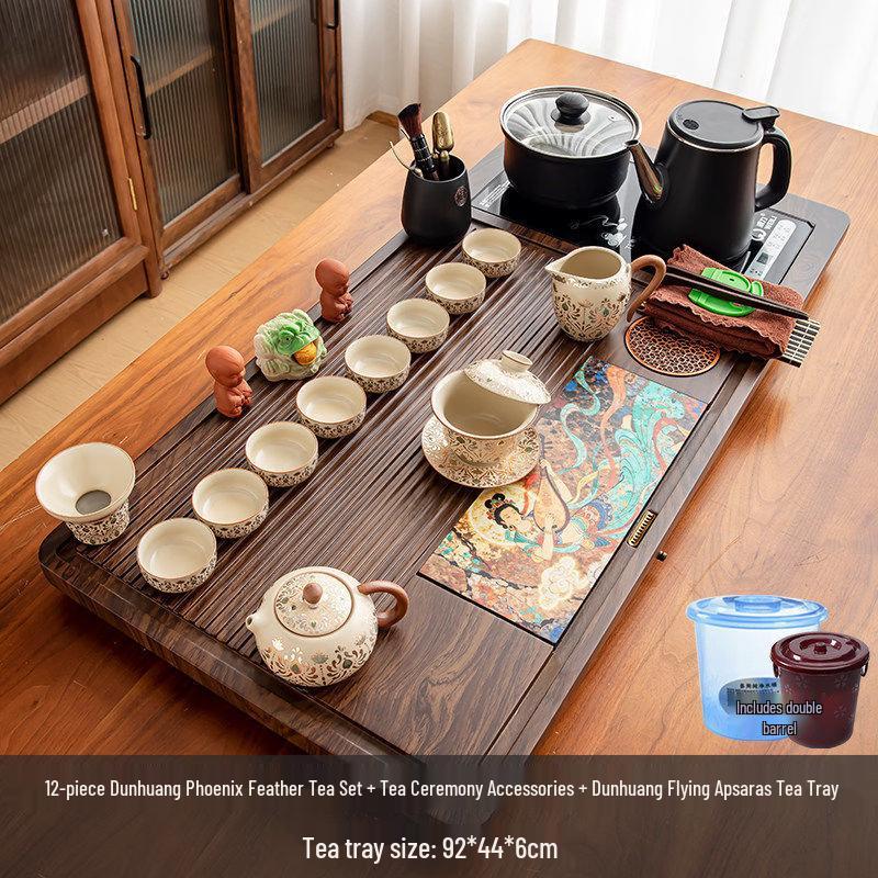 Ru Kiln Phoenix Feather Tea Set with Dunhuang Flying Apsara Tea Tray