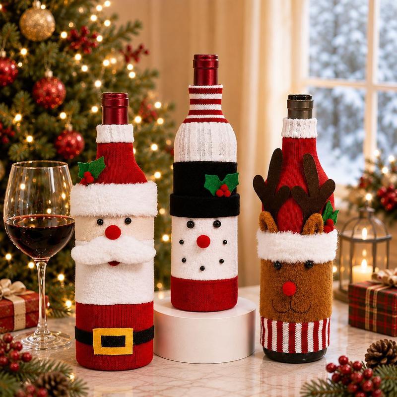 Christmas Wine Bottle Cover Santa Snowman Woven Wine Bottle Bags Christmas Party Dinner Table Decorations New Year Gifts