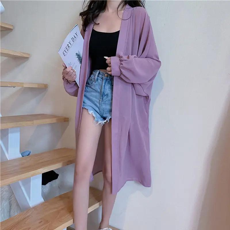 Summer Uv-protection Wear Women Korean Chic Loose Jacket Basics Chiffon Double Collar Design Lantern Sleeve Cardigan